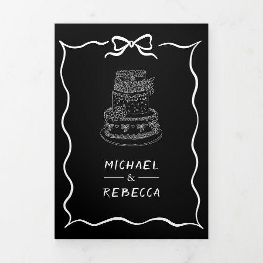 Black Hand Drawn White Bow QR Code Photo Wedding Drieluik Uitnodiging (Cover)