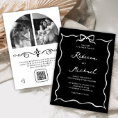 Black Hand Drawn White Bow QR Code Photo Wedding Kaart