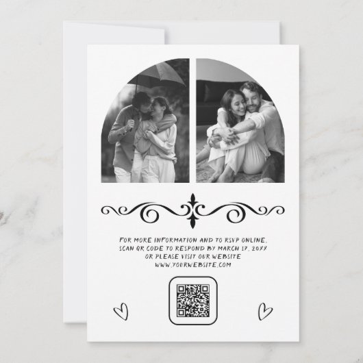 Black Hand Drawn White Bow QR Code Photo Wedding Kaart (Achterkant)