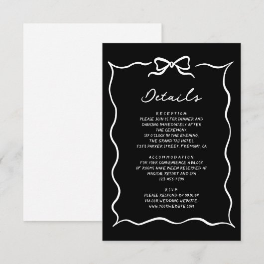 Black Hand Drawn White Bow Wedding Details Informatiekaartje (Voorkant / Achterkant)