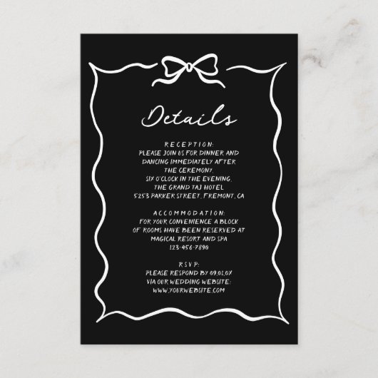 Black Hand Drawn White Bow Wedding Details Informatiekaartje (Voorkant)