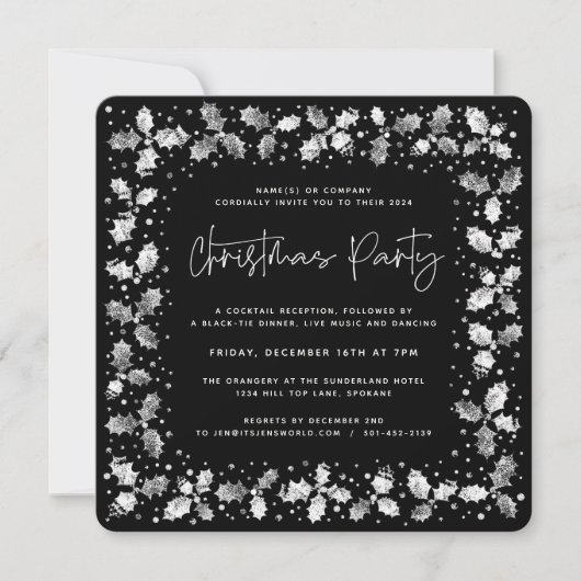 Black Hand Printed Holly+Berries kerstfeest Kaart (Voorkant)