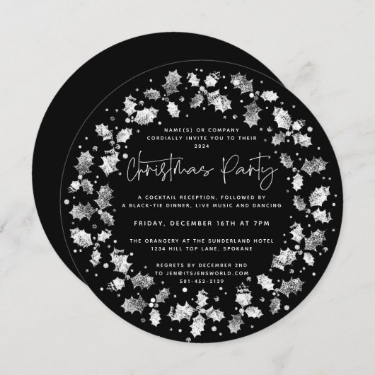 Black Hand Printed Holly+Berries kerstfeest Kaart (Voorkant / Achterkant)