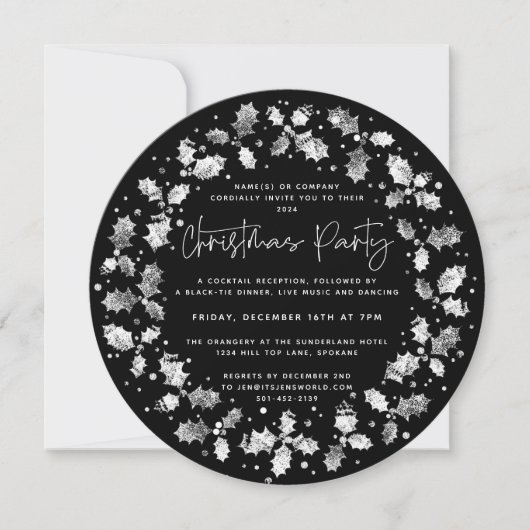 Black Hand Printed Holly+Berries kerstfeest Kaart (Voorkant)