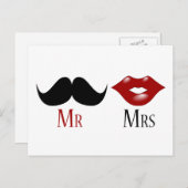 Black Handlebar Mustache Mr en Mrs. Aankondigingskaart (Voorkant / Achterkant)