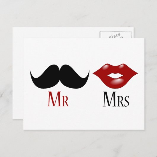 Black Handlebar Mustache Mr en Mrs. Aankondigingskaart (Voorkant / Achterkant)