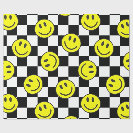 Black Happy Face Check Groovy Cadeaupapier (Vlak)