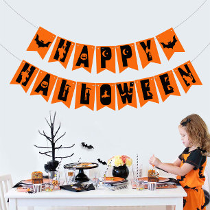 Black Happy Halloween Tekst Bat Oranje Achtergrond Vlaggetjes