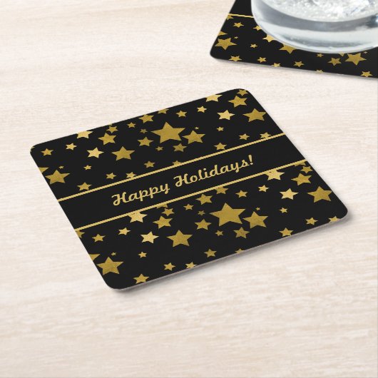 Black Happy Holidays Coaster with Golden Stars Kartonnen Onderzetters (Schuin)