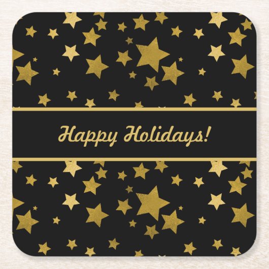 Black Happy Holidays Coaster with Golden Stars Kartonnen Onderzetters (Voorkant)