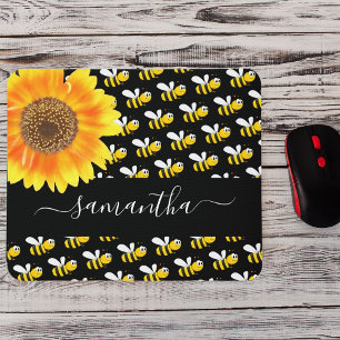 Black happy hommble bijen sunflower-monogramscript muismat