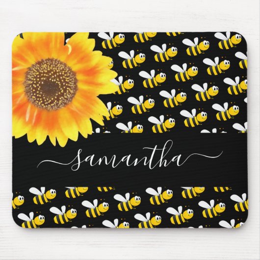 Black happy hommble bijen sunflower-monogramscript muismat (Voorkant)