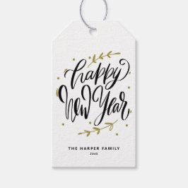 Black Happy New Year Modern Calligraphy Wreath Cadeaulabel