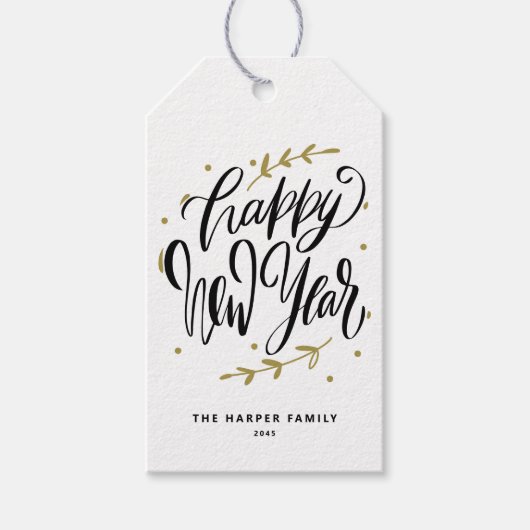 Black Happy New Year Modern Calligraphy Wreath Cadeaulabel (Voorkant)