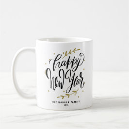 Black Happy New Year Modern Calligraphy Wreath Koffiemok