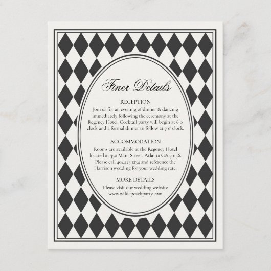 Black Harlequin Checkered Finer Details Wedding Informatiekaartje (Voorkant)