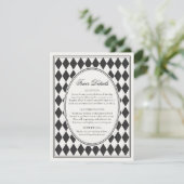 Black Harlequin Checkered Finer Details Wedding Informatiekaartje (Staand voorkant)