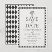 Black Harlequin Checkered Save the Date Kaart (Voorkant / Achterkant)
