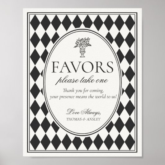 Black Harlequin Checkered Wedding Favors Sign Poster (Voorkant)