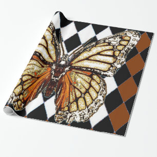 BLACK HARLEQUIN PATTERNED BROWN-WHITE BUTTERFL CADEAUPAPIER