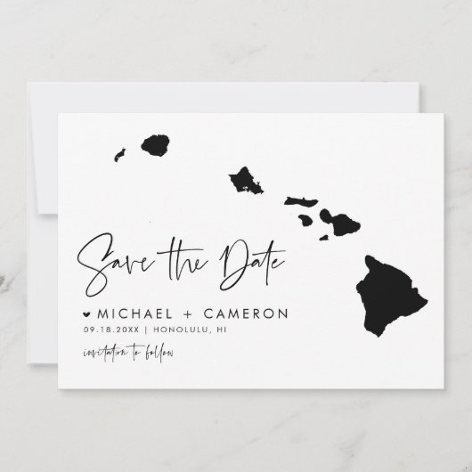 Black Hawaii Map Modern Minimal Script Save The Date (Voorkant)
