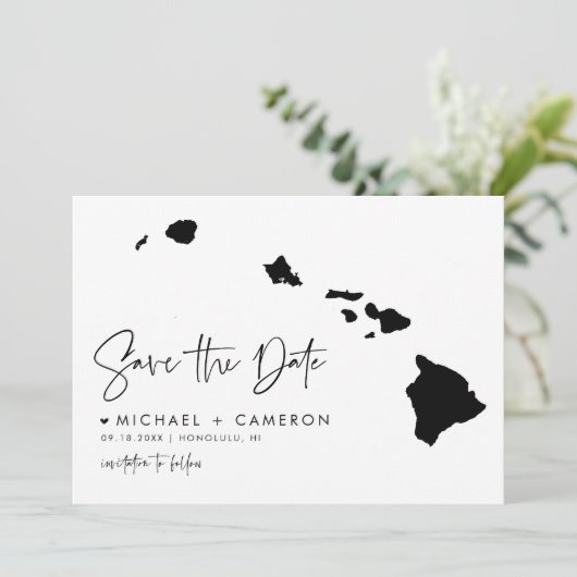 Black Hawaii Map Modern Minimal Script Save The Date (Staand voorkant)