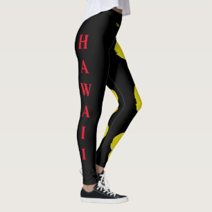 Black Hawaii State Flower Yellow Hibiscus Leggings