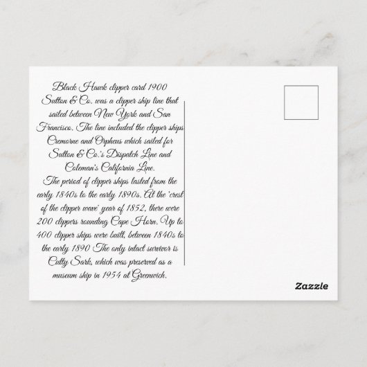 Black Hawk klipper zeilen 1900 Briefkaart (Achterkant)