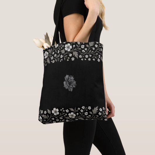 Black Hawthorn Floral Boundary Design Tote Bag (Dichtbij)
