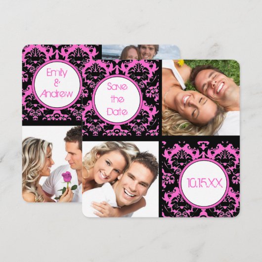 Black Heart Damask op roze bruiloft Save the Date (Voorkant / Achterkant)