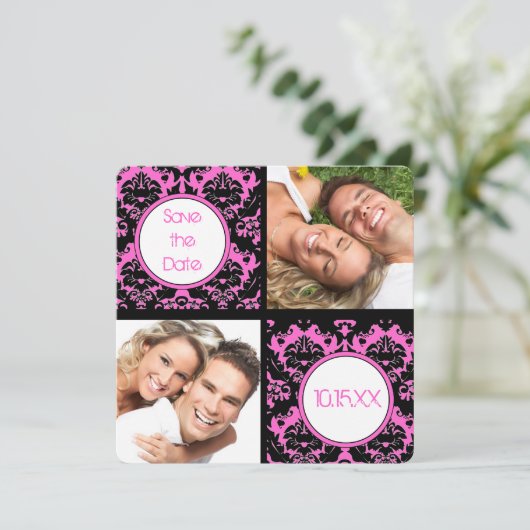 Black Heart Damask op roze bruiloft Save the Date (Staand voorkant)