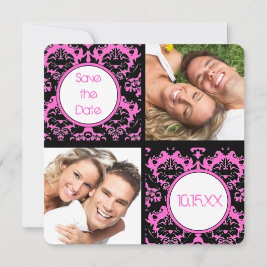 Black Heart Damask op roze bruiloft Save the Date (Voorkant)