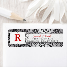 Black Heart Damask Red Font Return Label