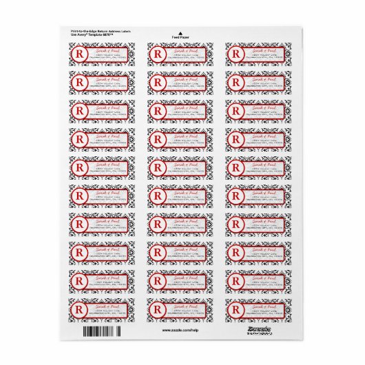 Black Heart Damask Red Font Return Label (Full Sheet)