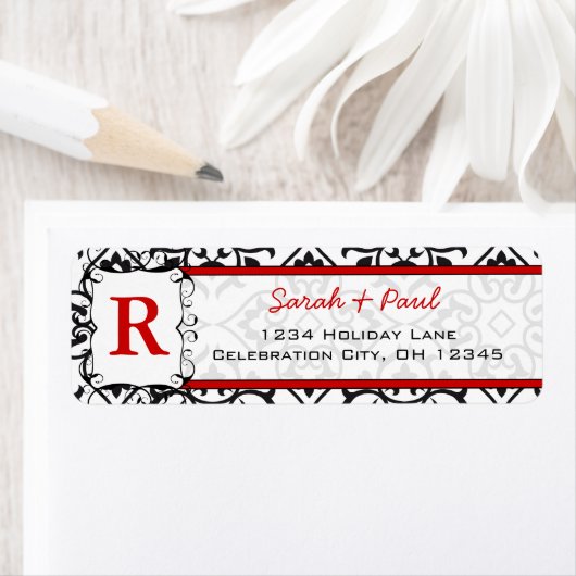Black Heart Damask Red Font Return Label (Insitu)