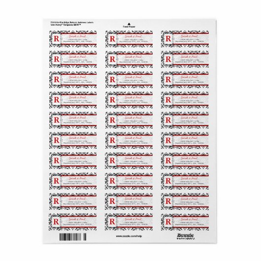 Black Heart Damask Red Font Return Label (Full Sheet)