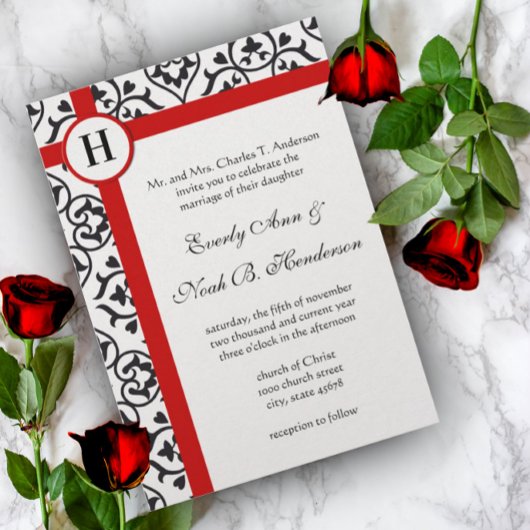 Black Heart Damask Side Borders Red Trim Weddensch Kaart