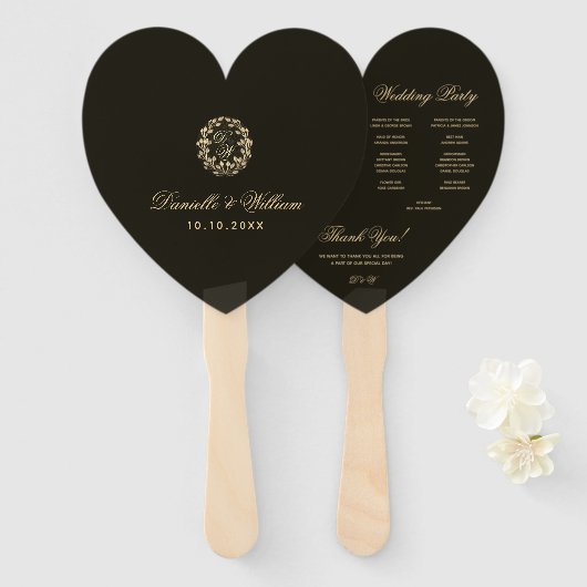 Black Heart Gold Wreath Monogram Weddenprogramma Handwaaier (Voorkant en achterkant)