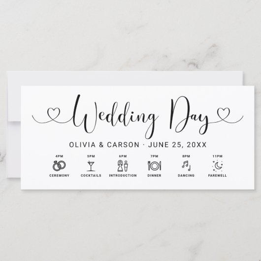 Black Heart Script Wedding Day Timeline Kaart (Voorkant)