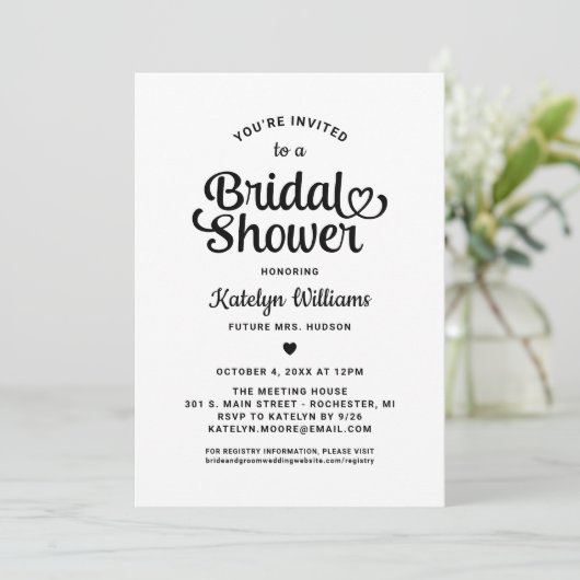 Black Heart Script Wedding Vrijgezellenfeest Kaart (Staand voorkant)