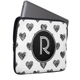 Black Hearts Doodles Monogram laptophoes Laptop Sleeve