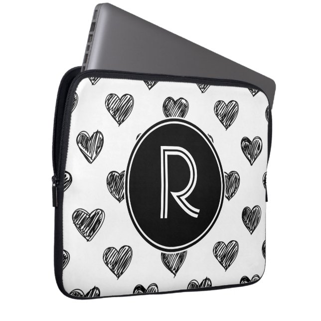 Black Hearts Doodles Monogram laptophoes Laptop Sleeve (Voorkant Rechts)