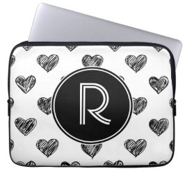 Black Hearts Doodles Monogram laptophoes Laptop Sleeve