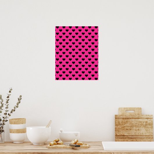 Black Hearts Hot Pink Background Polka Dot Heart Poster (Keuken)