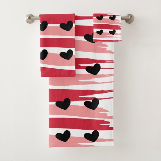 Black Hearts Red Pink Stripes Pattern Bad Handdoek (Insitu)