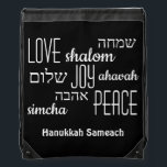 Black Hebrew Hanukkah Trekkoord Rugzakje<br><div class="desc">Stijlvolle HANUKKAH Drawstring Bag met LOVE JOY PEACE inclusief Hebreeuwse vertalingen in zwarte typografie tegen een RICH BLACK achtergrond. De tekst is , in hoesje wilt u om het even wat veranderen. HAPPY HANUKKAH is ook klantgericht, zodat kunt u met een naam of initialen vervangen. Een deel van het HANUKKAH-Collectie....</div>