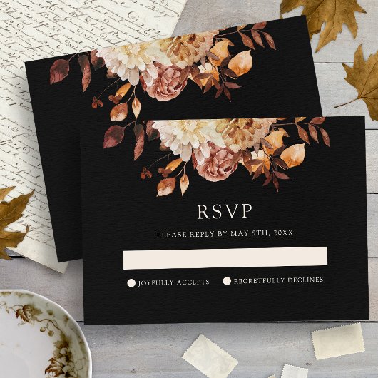 Black Herfst Copper Floral Wedding RSVP Kaart