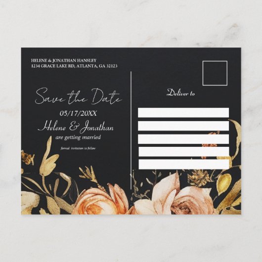 Black Herfst Floral Modern Save The Date Aankondigingskaart (Achterkant)