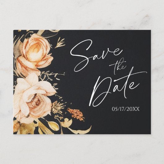 Black Herfst Floral Modern Save The Date Aankondigingskaart (Voorkant)