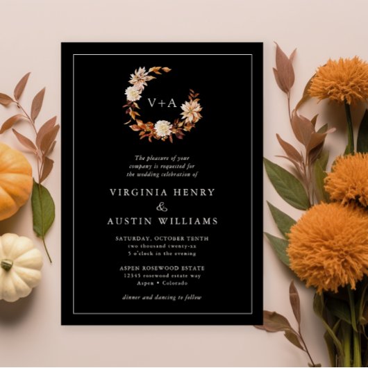 Black Herfst Monogrammed Wedding Kaart